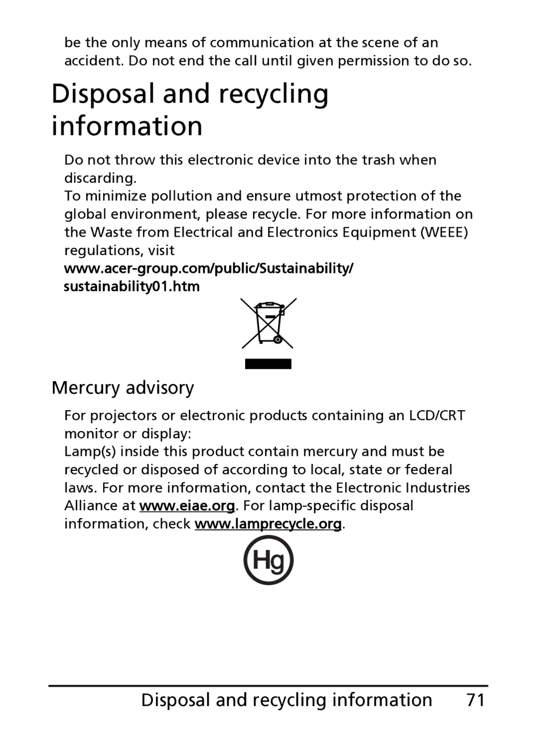 Acer S100 manual Disposal and recycling information, Mercury advisory 