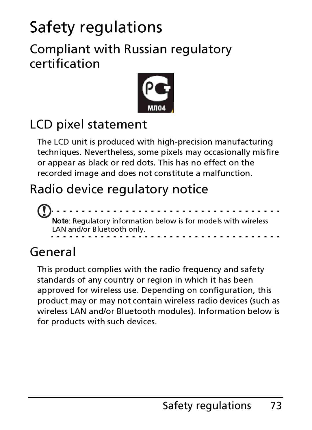 Acer S100 manual Safety regulations, Radio device regulatory notice General 