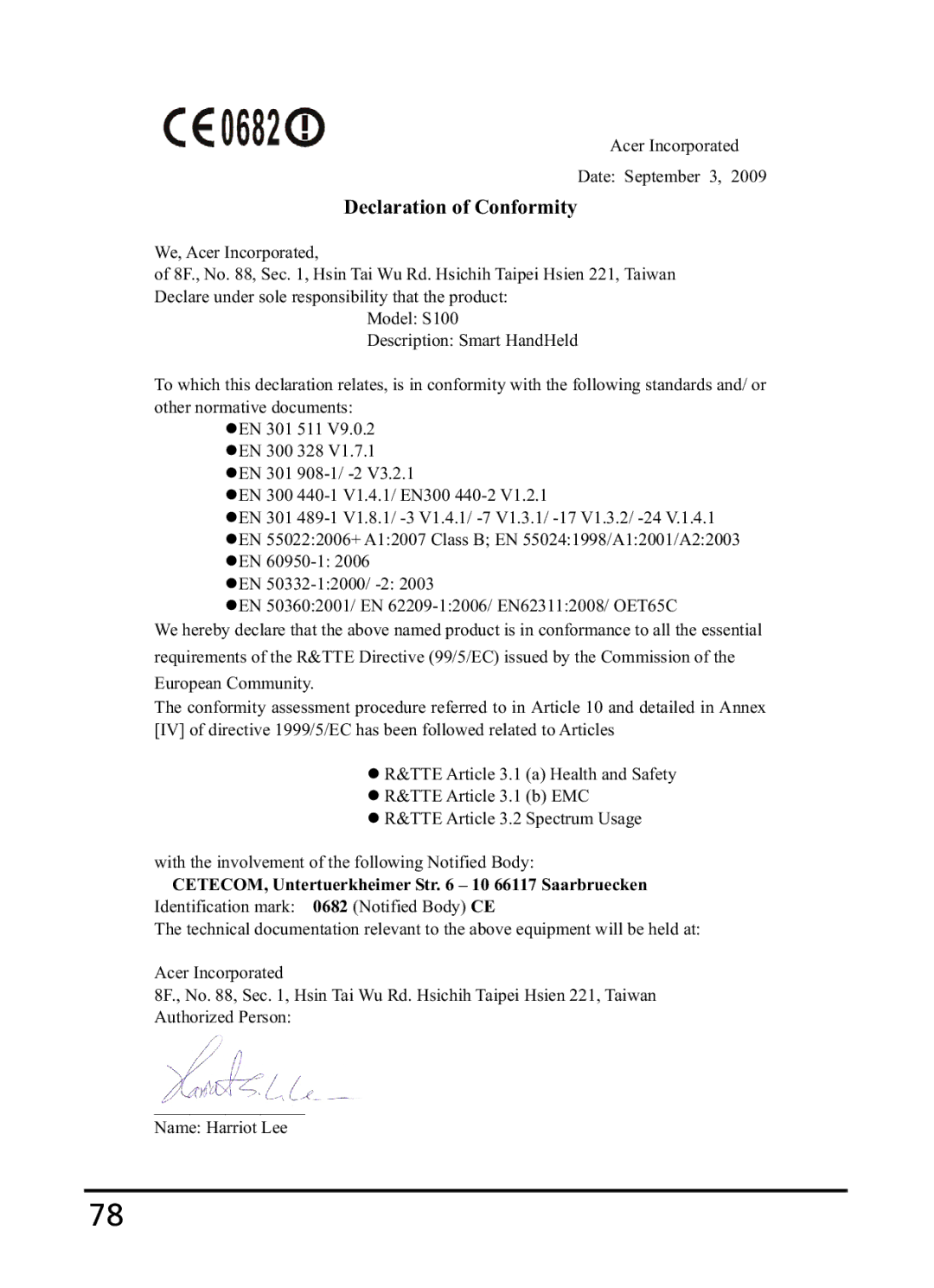 Acer S100 manual Declaration of Conformity 