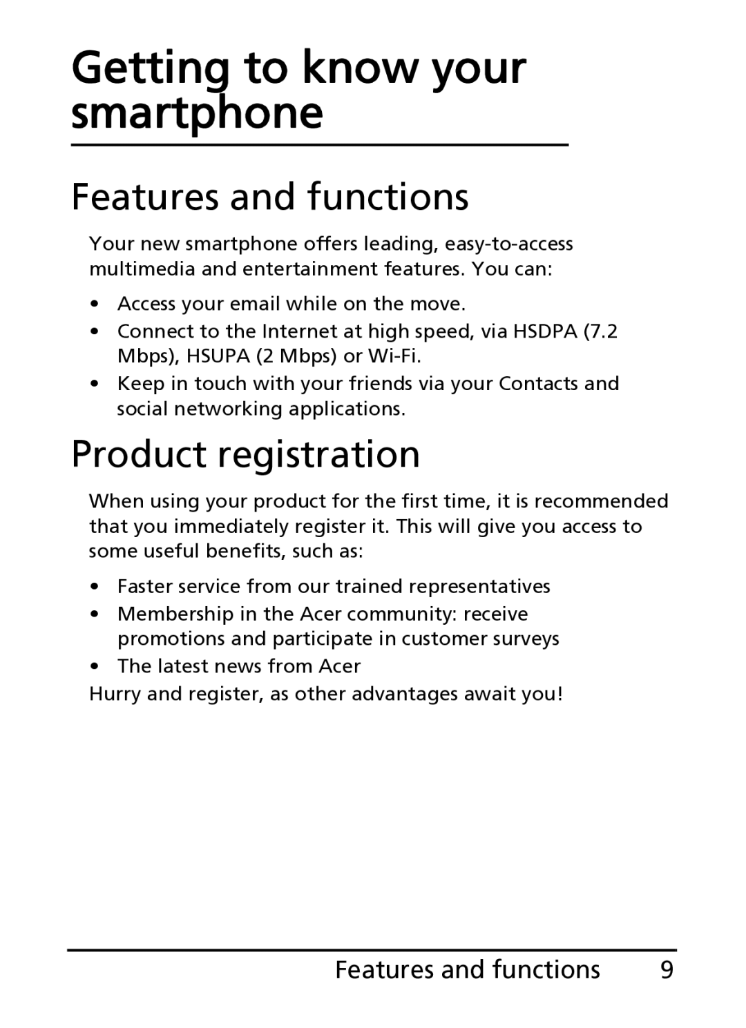 Acer S100 manual Getting to know your smartphone, Features and functions, Product registration 