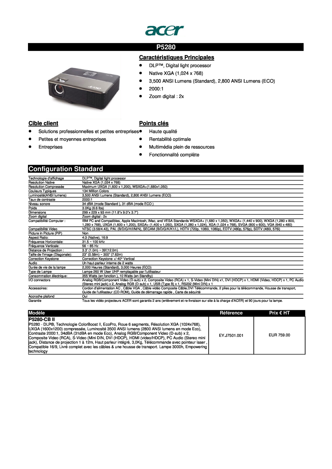 Acer S1200 P5280, 3,500 ANSI Lumens Standard, 2,800 ANSI Lumens ECO Zoom digital, Haute qualité, Rentabilité optimale 