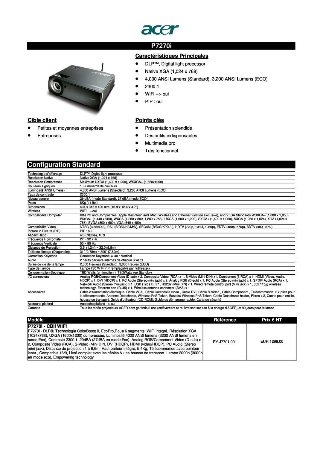 Acer S1200 P7270i, 4,000 ANSI Lumens Standard, 3,200 ANSI Lumens ECO, WiFi -- oui PIP oui, Présentation splendide, Modèle 