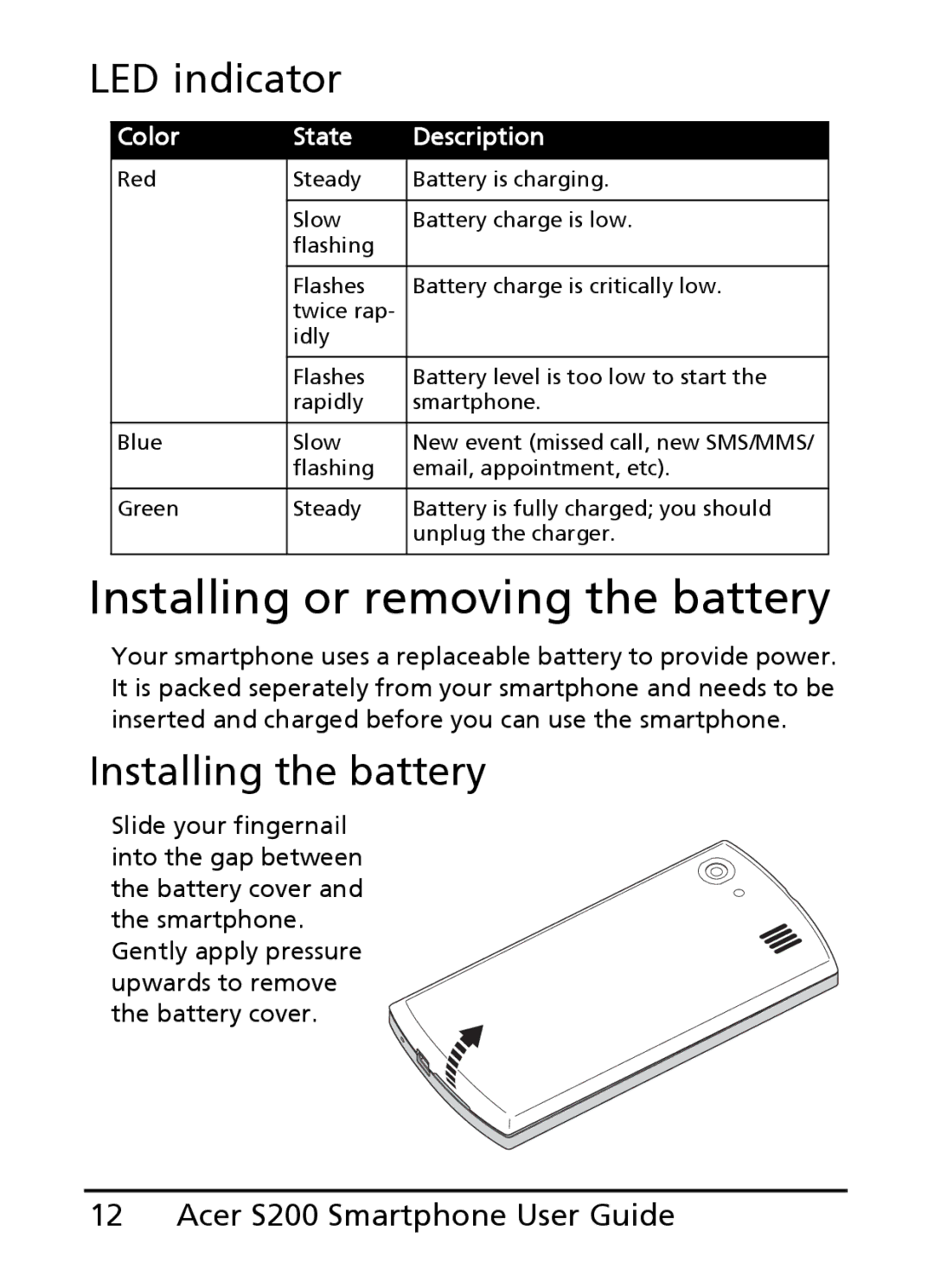 Acer S200 manual Installing or removing the battery, LED indicator, Installing the battery 