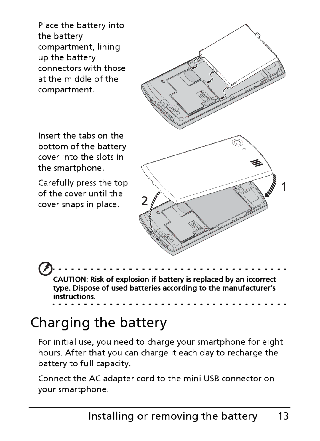 Acer S200 manual Charging the battery, Installing or removing the battery 