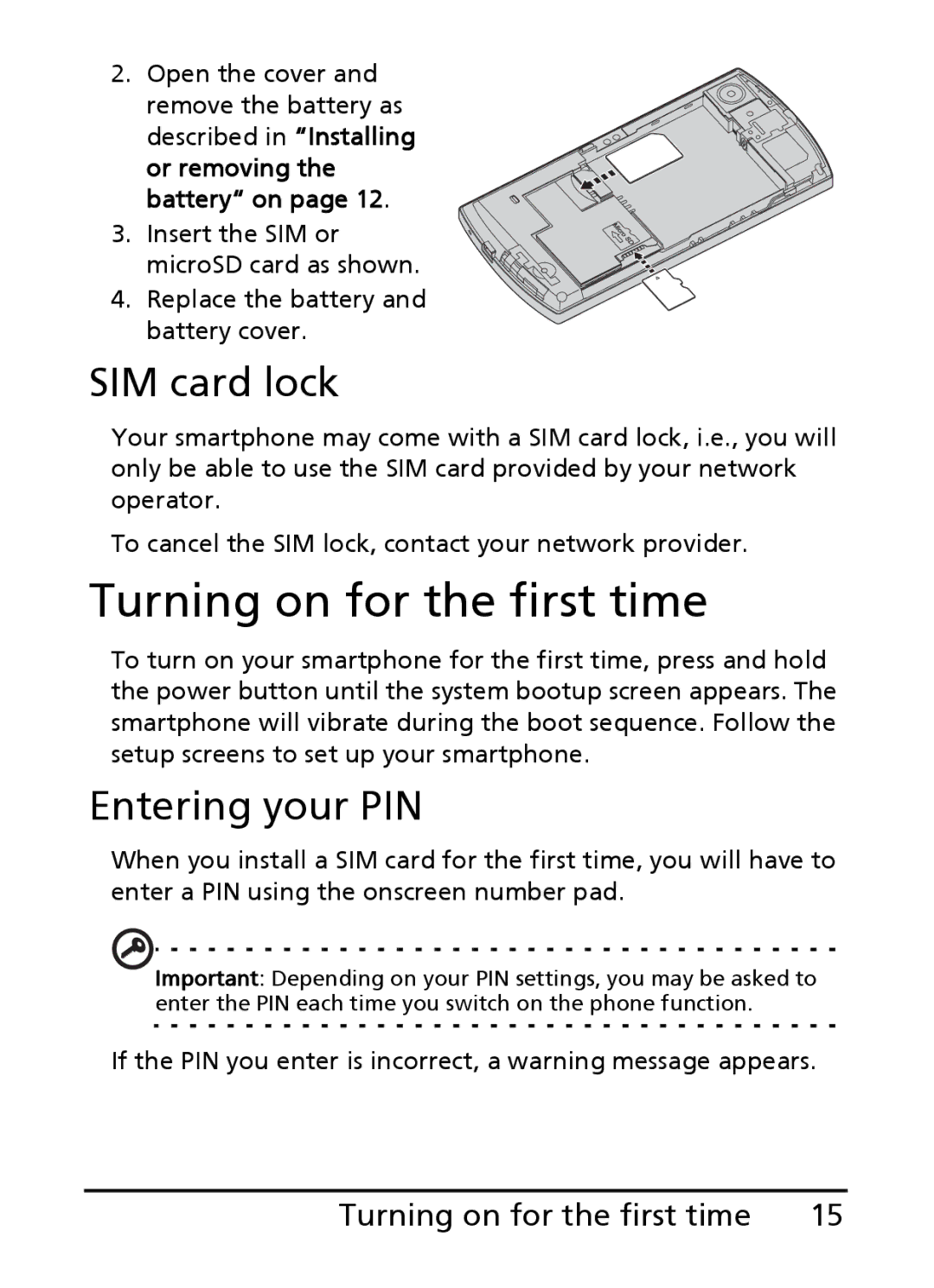 Acer S200 manual Turning on for the first time, SIM card lock, Entering your PIN 