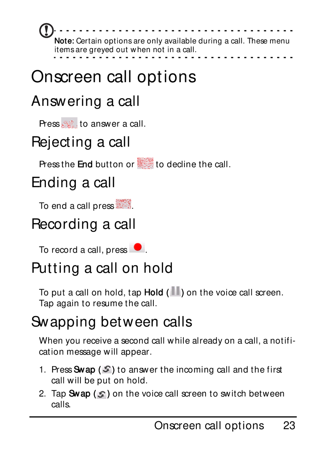 Acer S200 manual Onscreen call options 