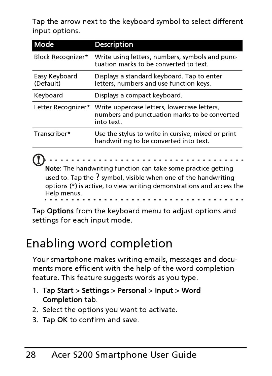 Acer S200 manual Enabling word completion, Tap Start Settings Personal Input Word Completion tab 