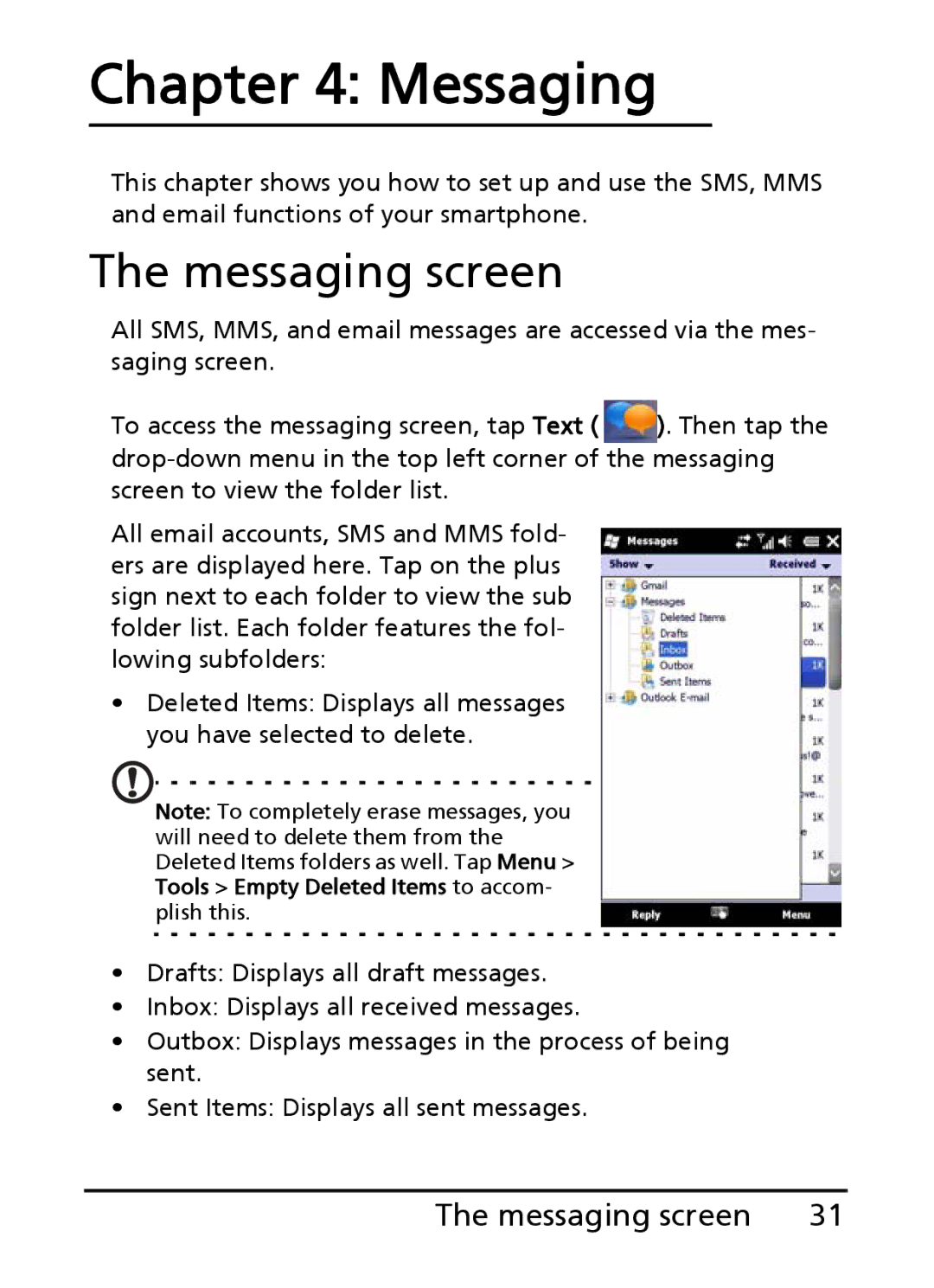 Acer S200 manual Messaging screen 