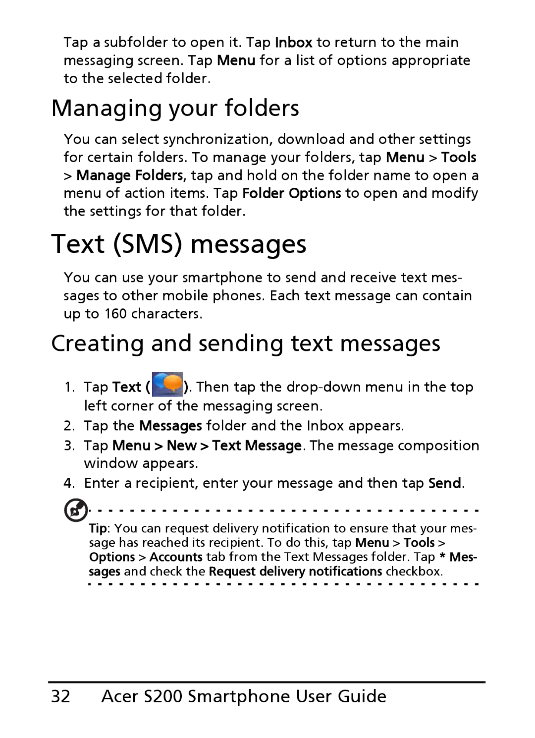 Acer S200 manual Text SMS messages, Managing your folders, Creating and sending text messages 