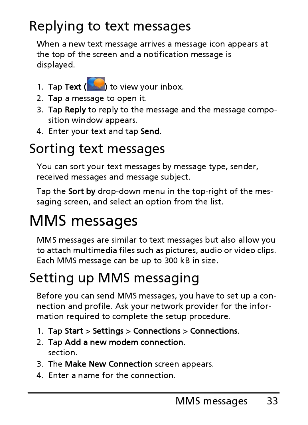 Acer S200 manual MMS messages, Replying to text messages, Sorting text messages, Setting up MMS messaging 