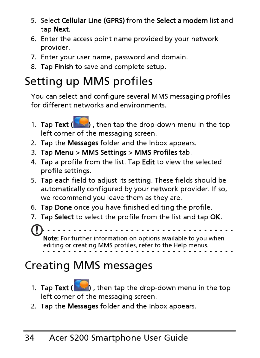 Acer S200 manual Setting up MMS profiles, Creating MMS messages, Tap Menu MMS Settings MMS Profiles tab 