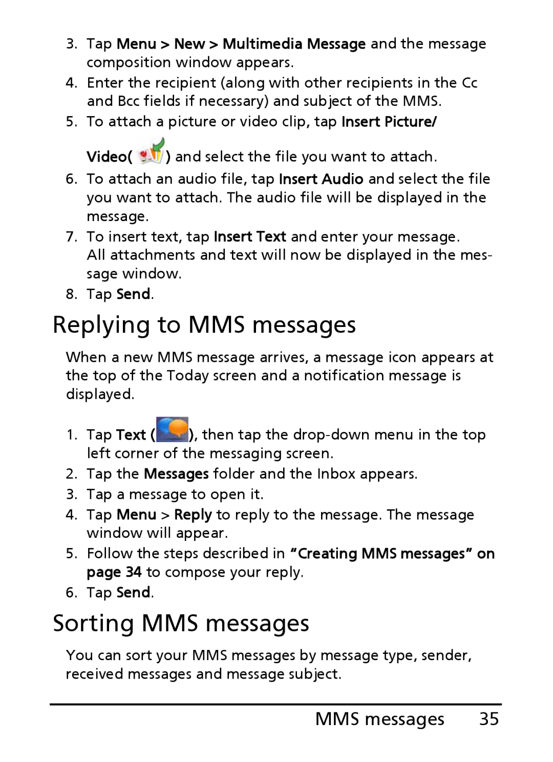 Acer S200 manual Replying to MMS messages, Sorting MMS messages 
