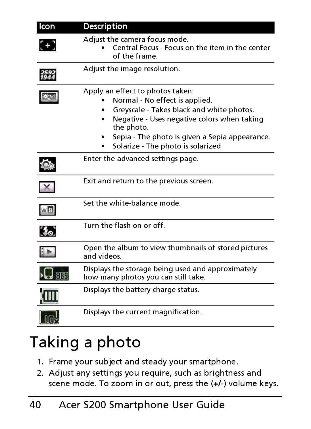 Acer S200 manual Taking a photo 