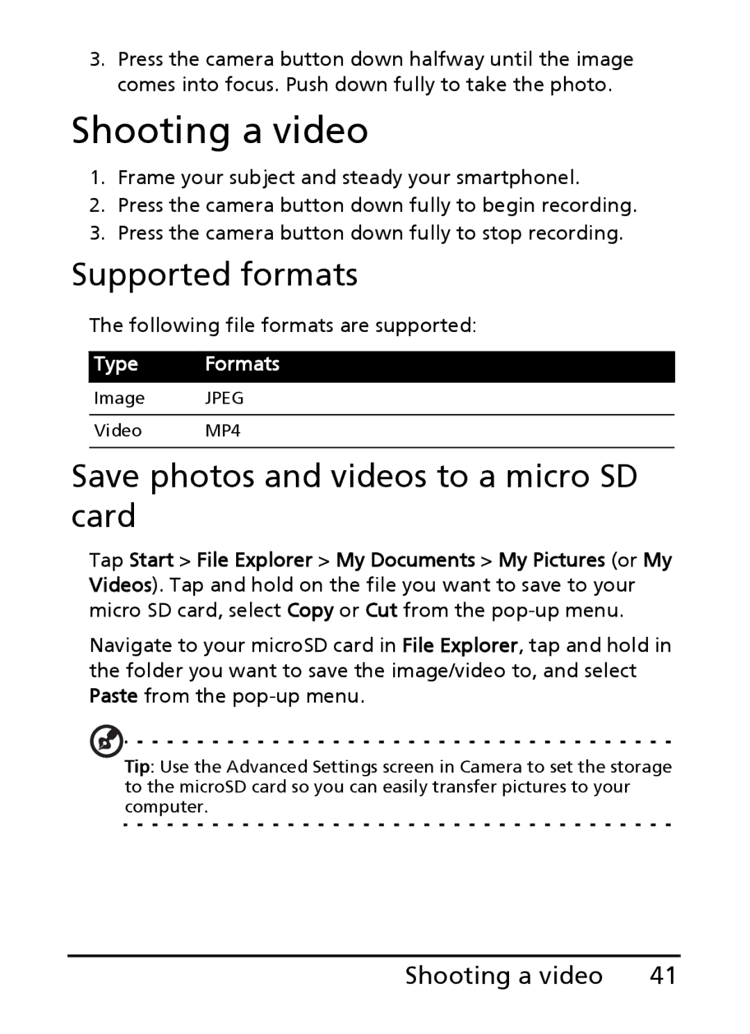 Acer S200 manual Shooting a video, Supported formats, Save photos and videos to a micro SD card 