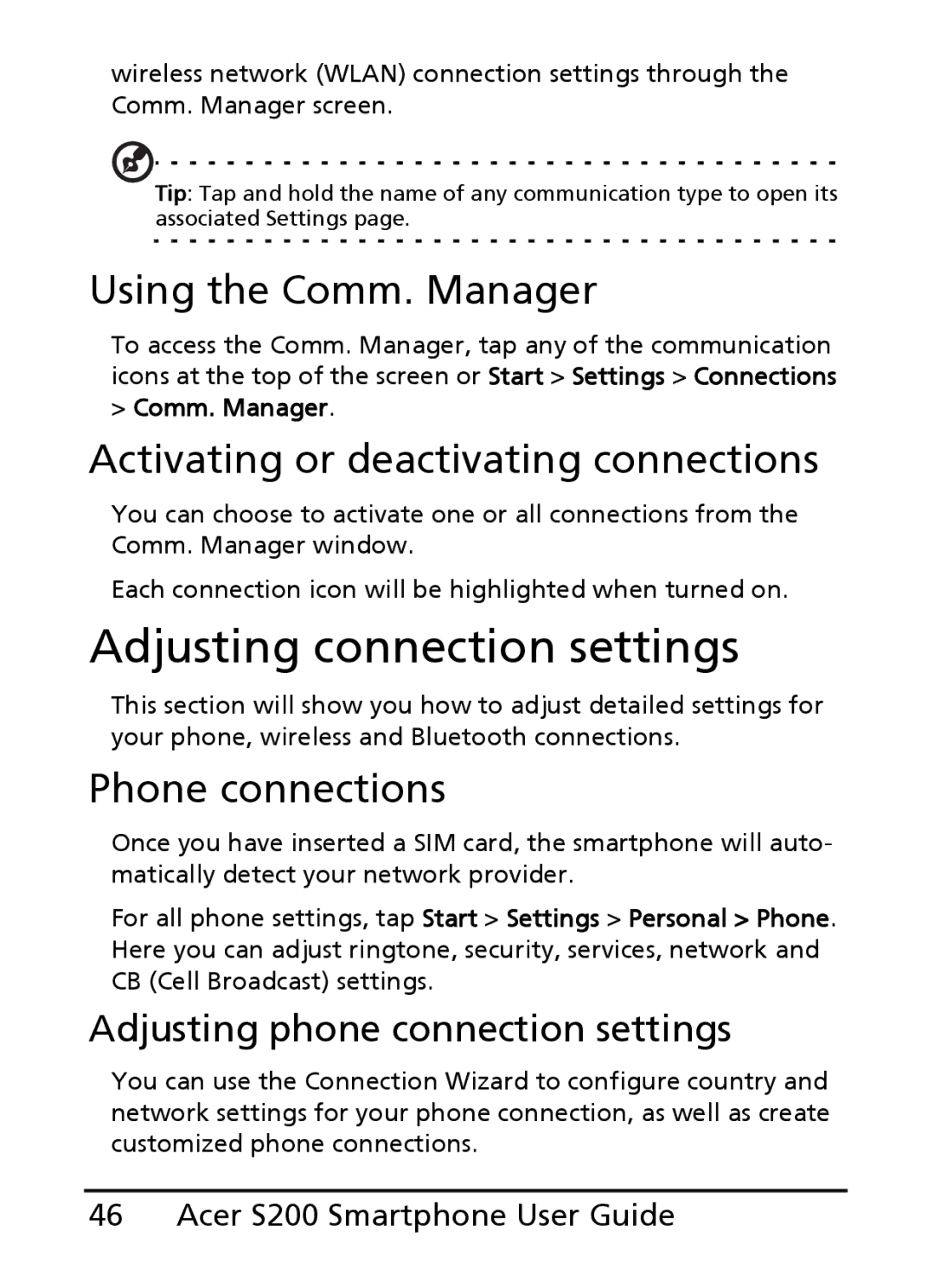 Acer S200 manual Adjusting connection settings, Using the Comm. Manager, Activating or deactivating connections 