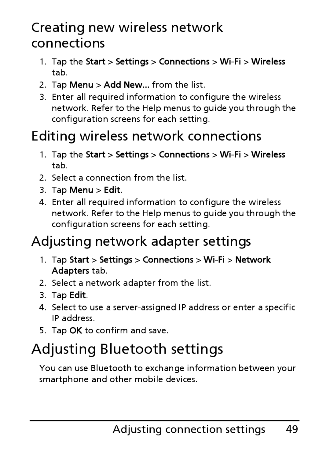 Acer S200 Adjusting Bluetooth settings, Creating new wireless network connections, Editing wireless network connections 