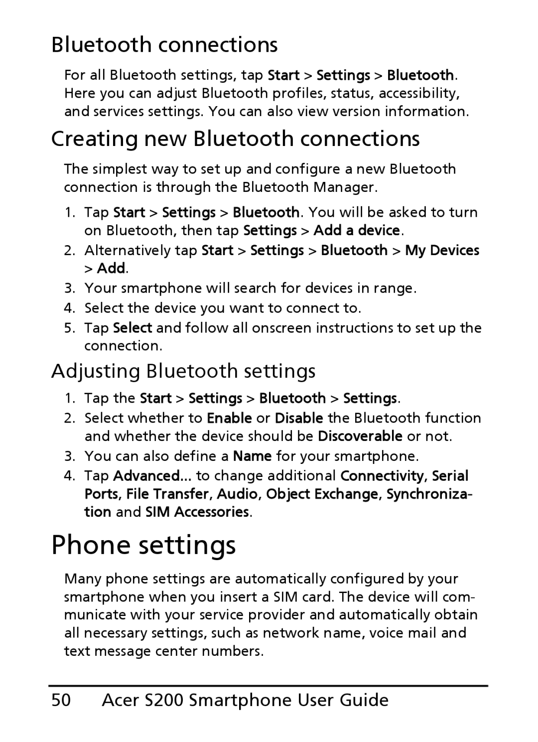 Acer S200 manual Phone settings, Creating new Bluetooth connections, Tap the Start Settings Bluetooth Settings 