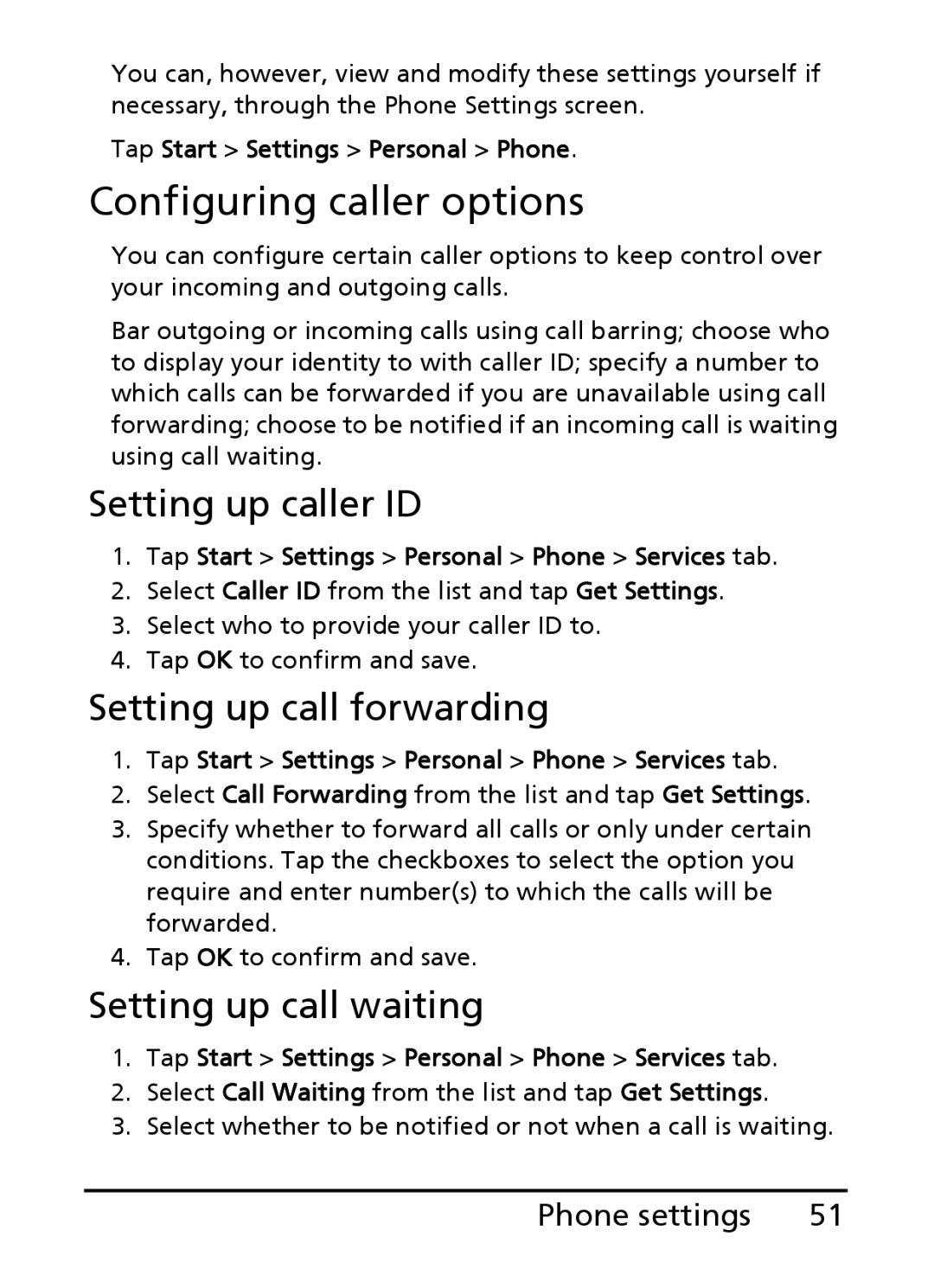 Acer S200 manual Configuring caller options, Setting up caller ID, Setting up call forwarding, Setting up call waiting 