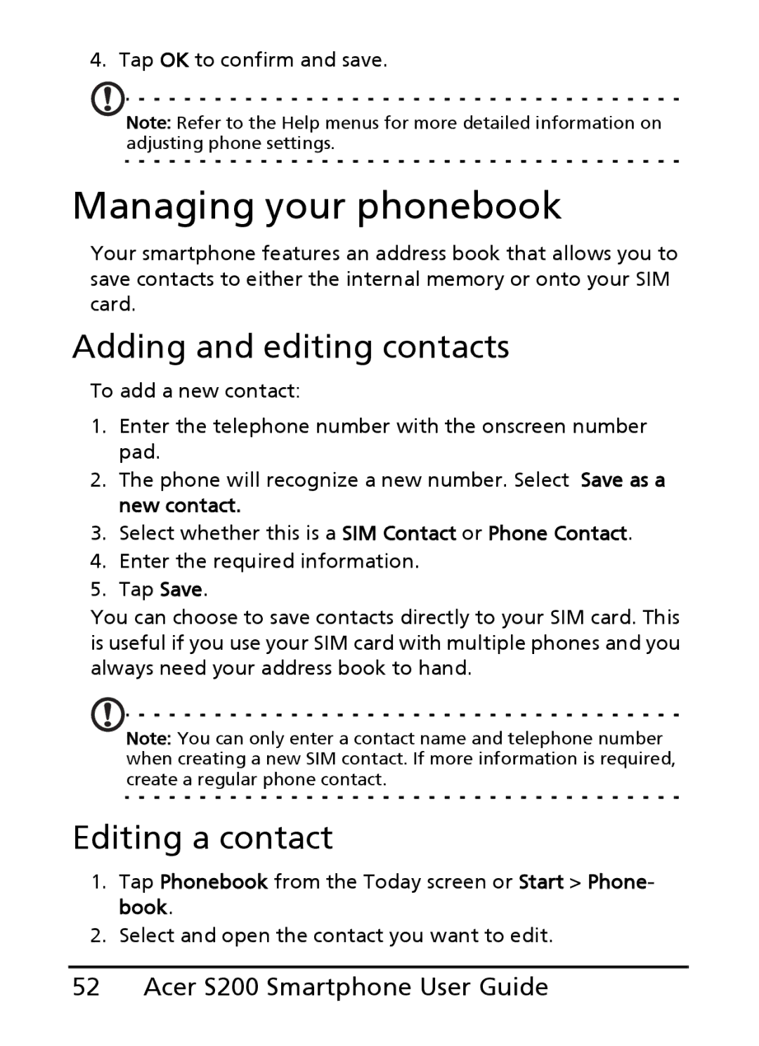 Acer S200 manual Managing your phonebook, Adding and editing contacts, Editing a contact 