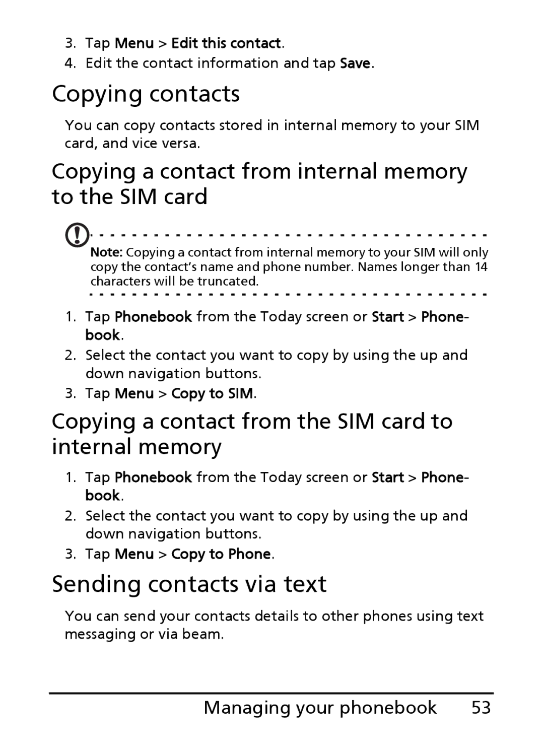 Acer S200 manual Copying contacts, Sending contacts via text, Copying a contact from internal memory to the SIM card 