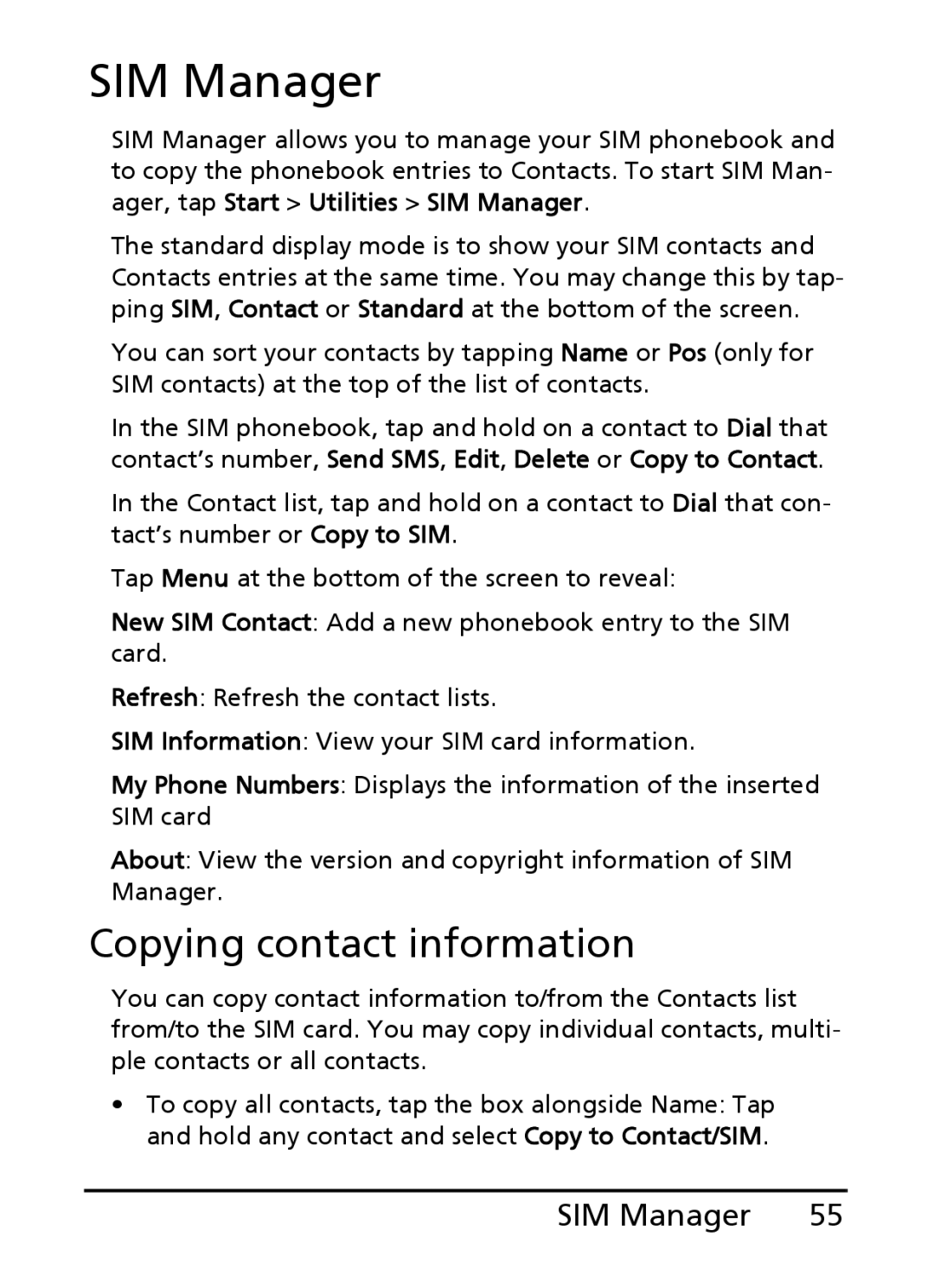 Acer S200 manual SIM Manager, Copying contact information 