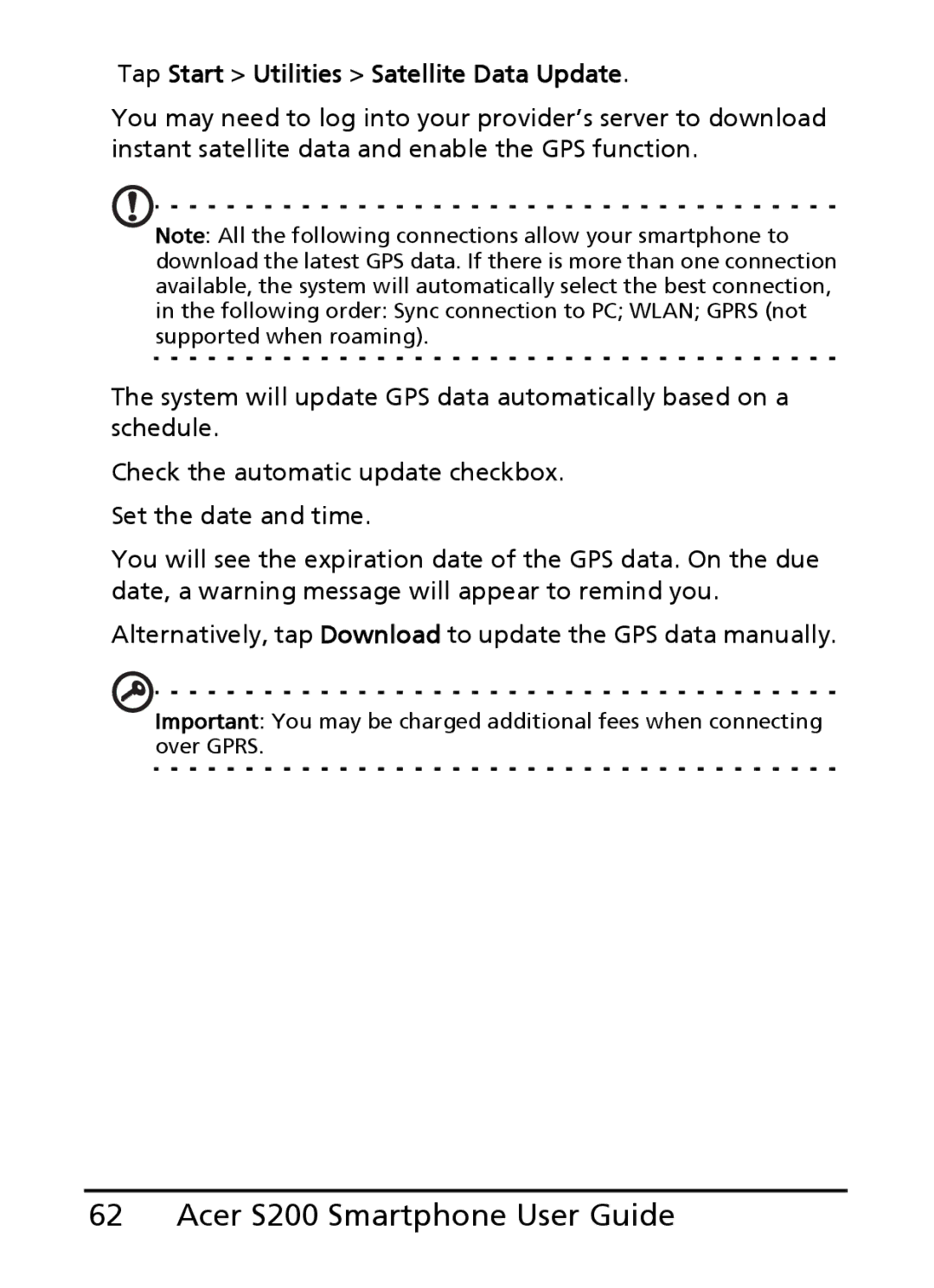 Acer S200 manual Tap Start Utilities Satellite Data Update 