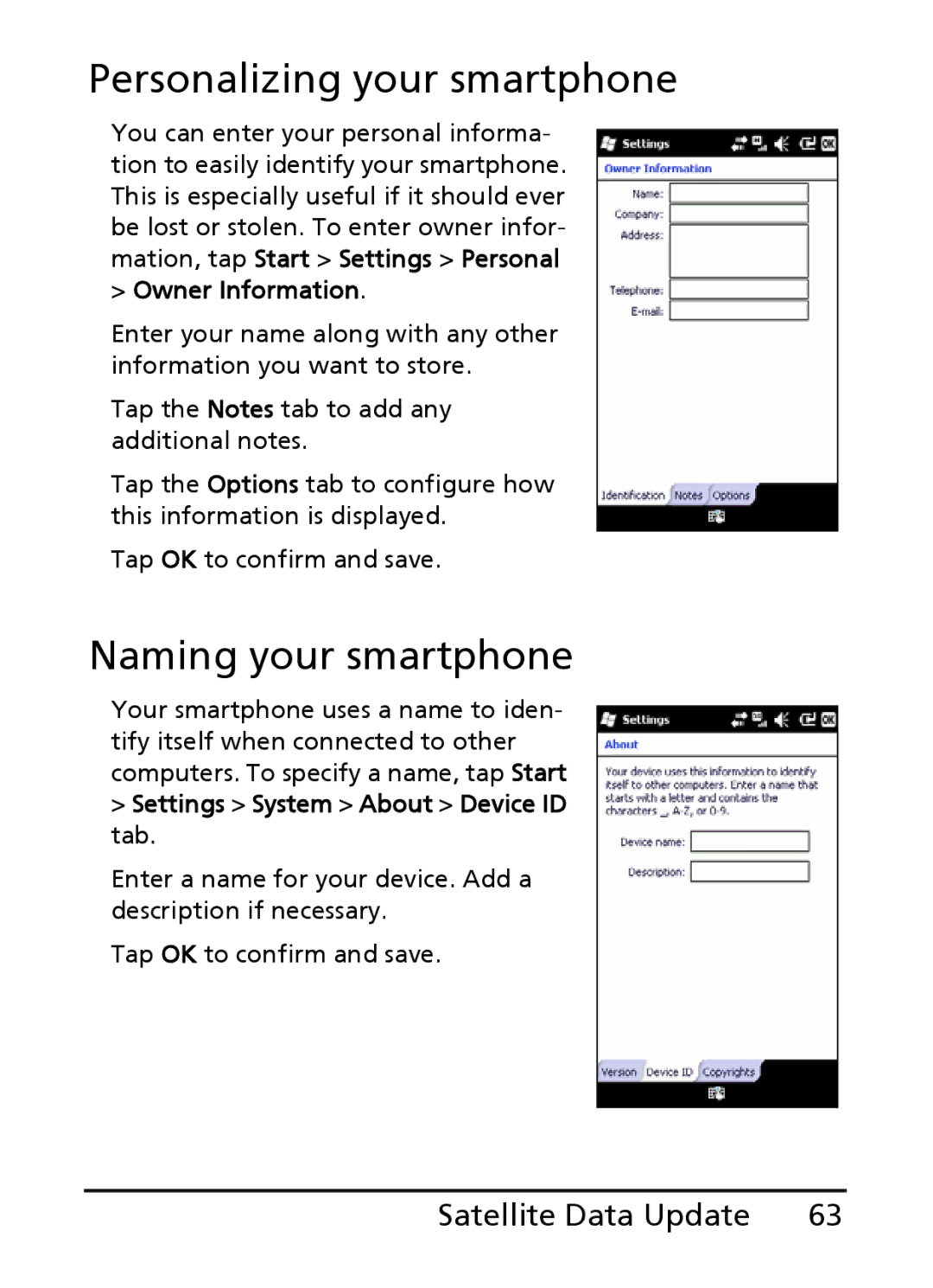 Acer S200 Personalizing your smartphone, Naming your smartphone, Owner Information, Settings System About Device ID tab 