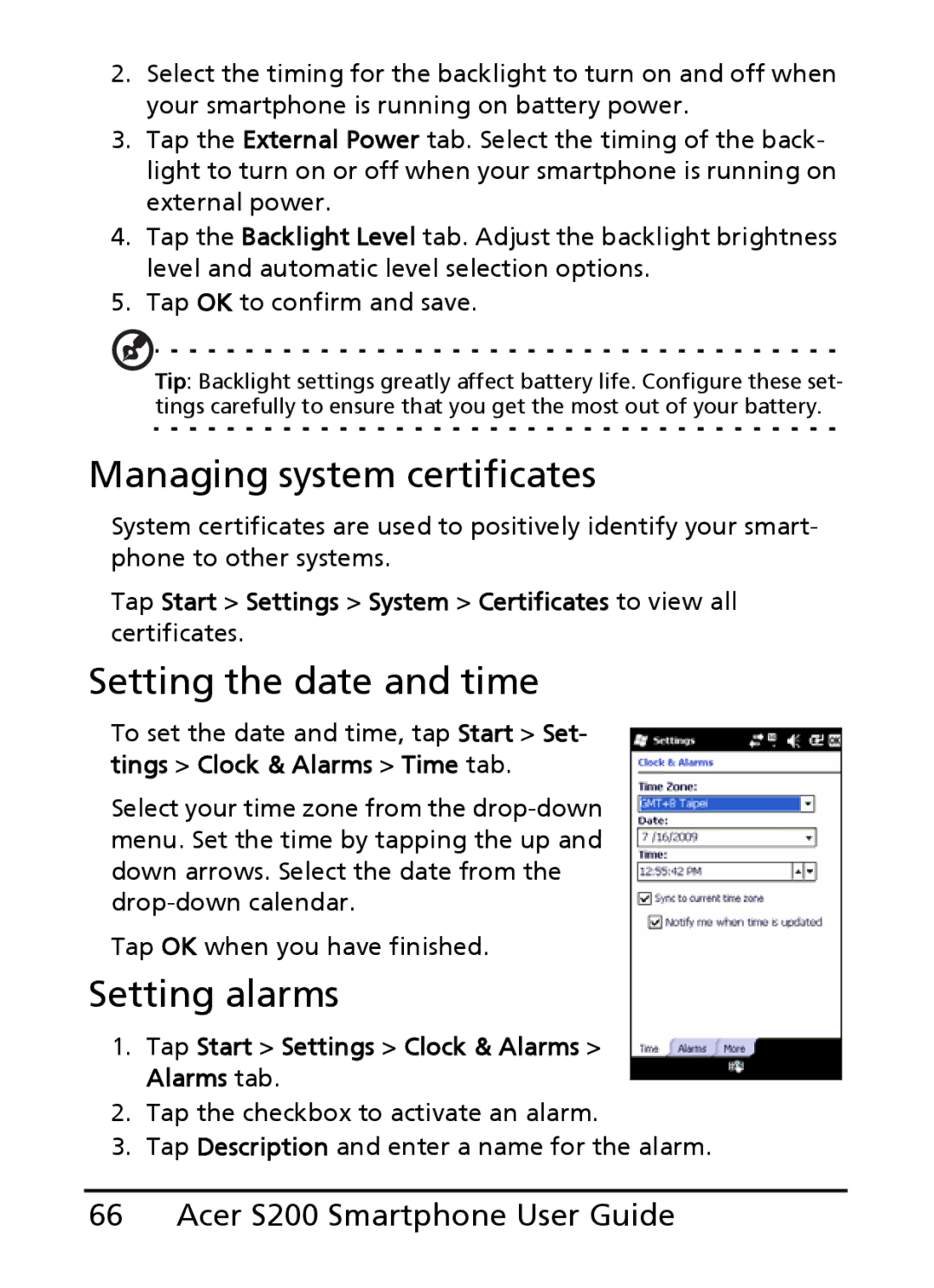 Acer S200 manual Managing system certificates, Setting the date and time, Setting alarms 