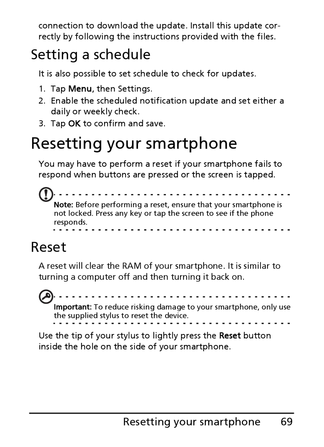 Acer S200 manual Resetting your smartphone, Setting a schedule 