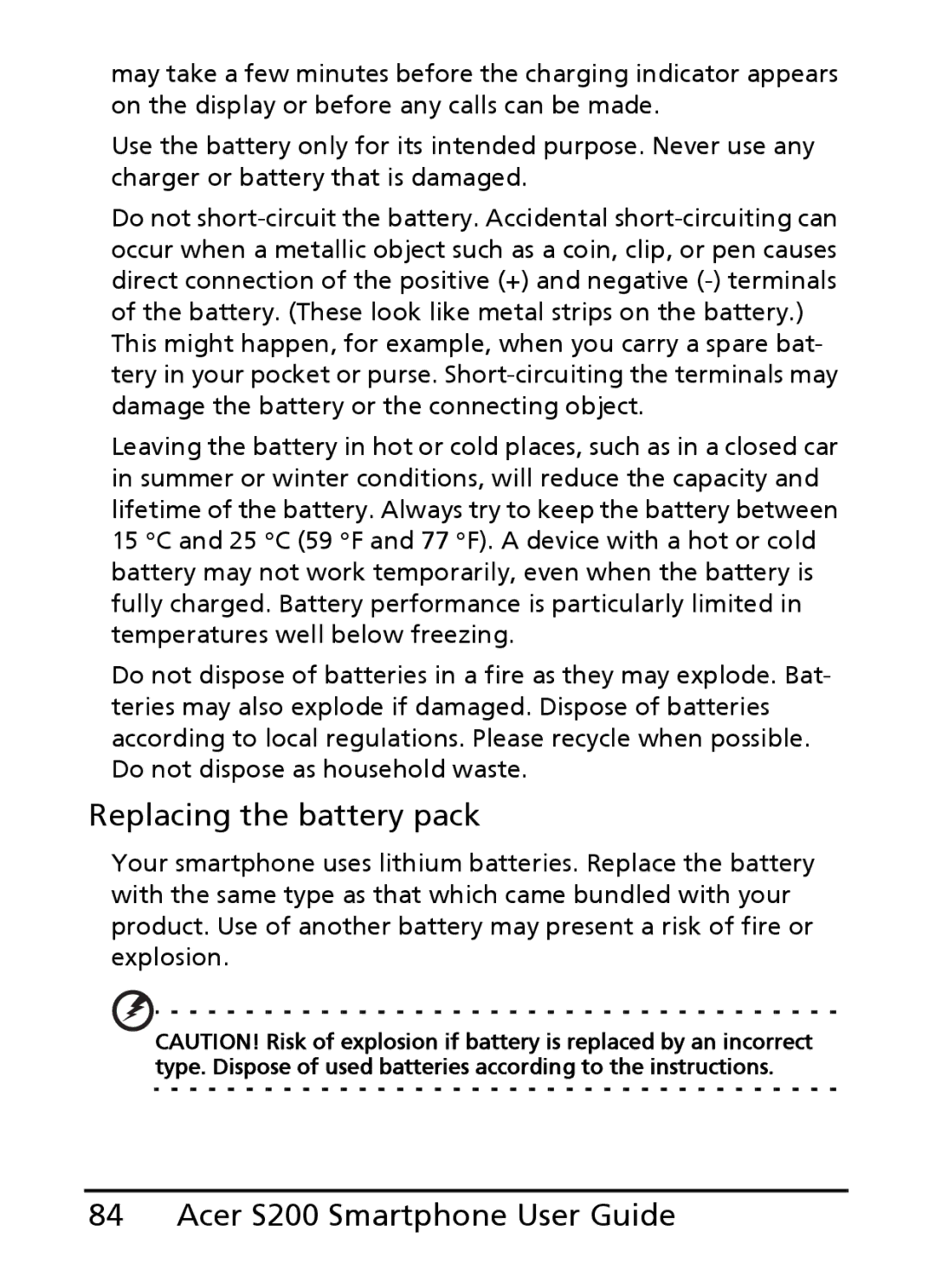 Acer S200 manual Replacing the battery pack 