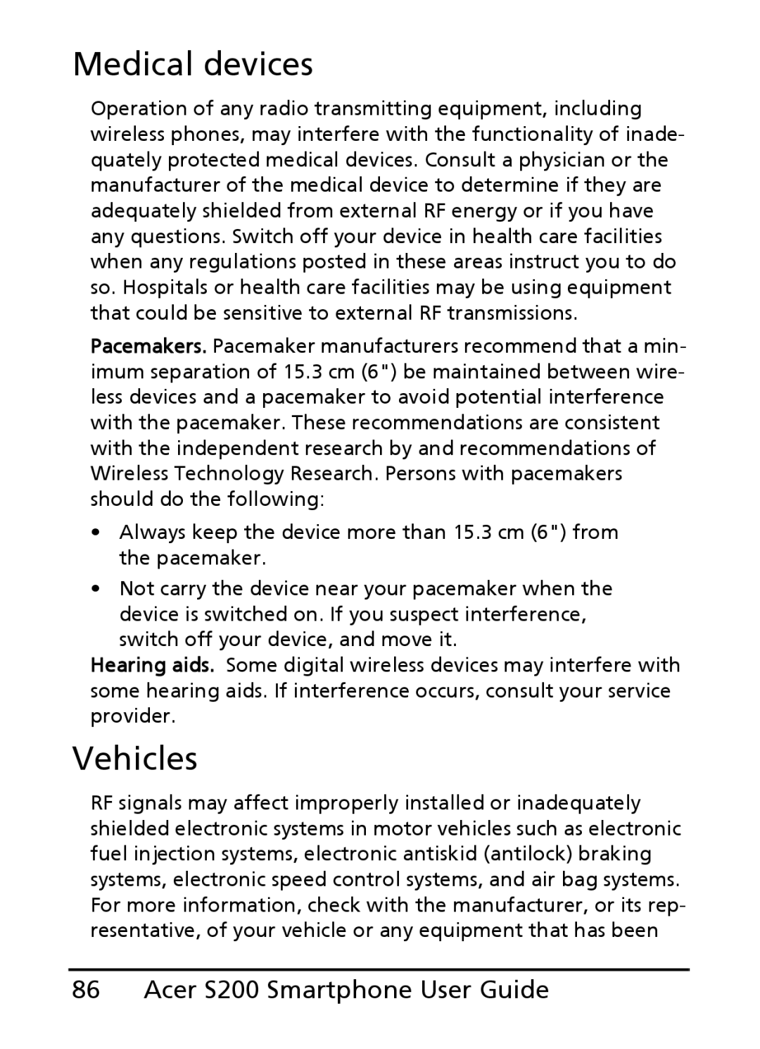 Acer S200 manual Medical devices, Vehicles 