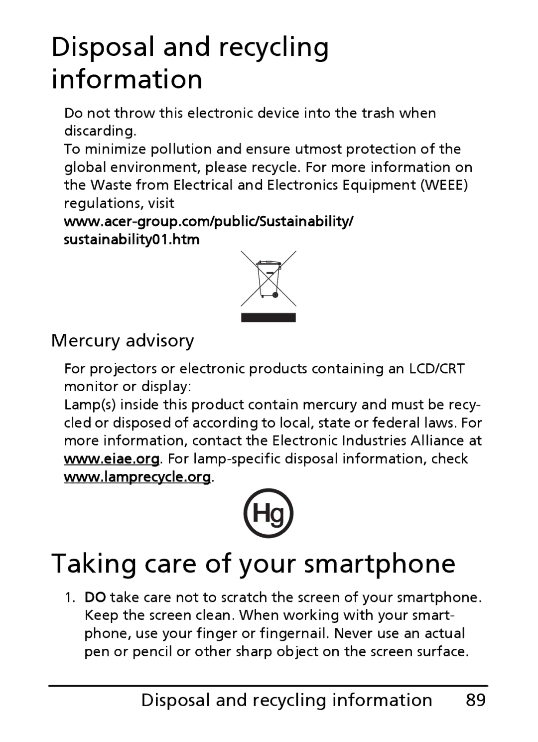 Acer S200 manual Disposal and recycling information, Taking care of your smartphone, Mercury advisory 