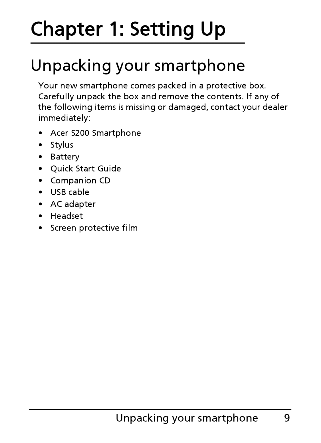 Acer S200 manual Setting Up, Unpacking your smartphone 