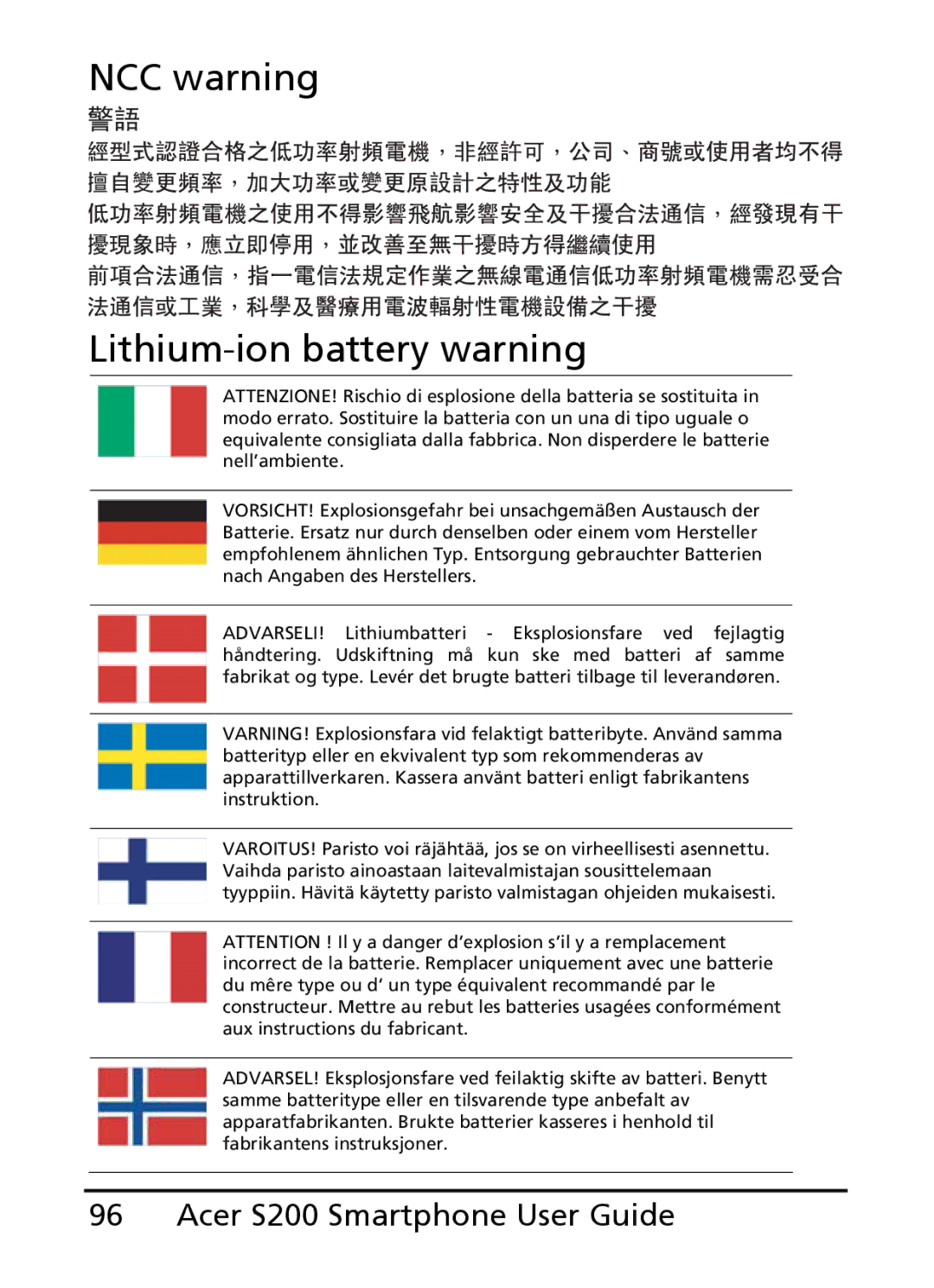 Acer S200 manual NCC warning Lithium-ion battery warning 