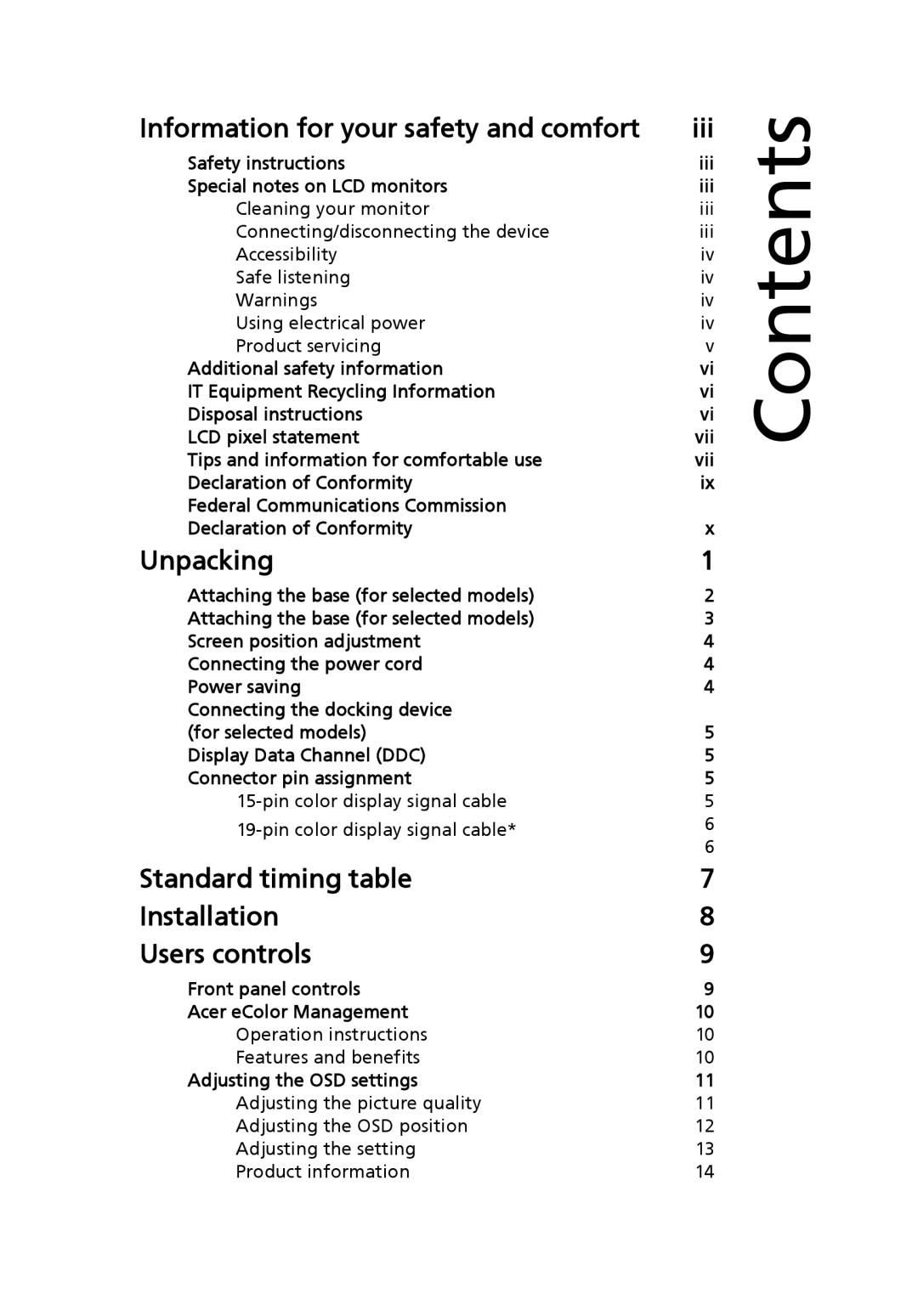 Acer S243HL manual Contents 