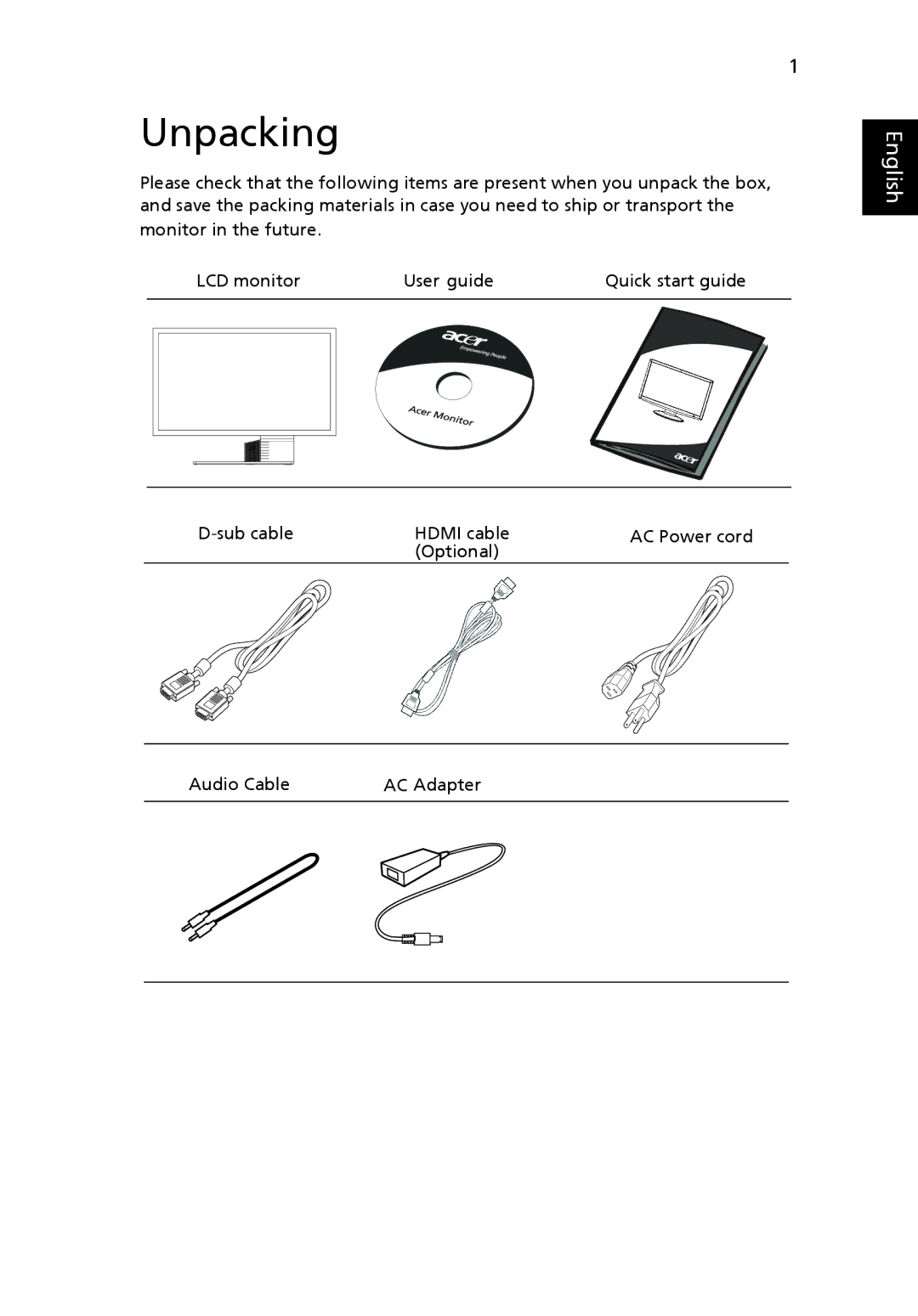 Acer S243HL manual Unpacking 