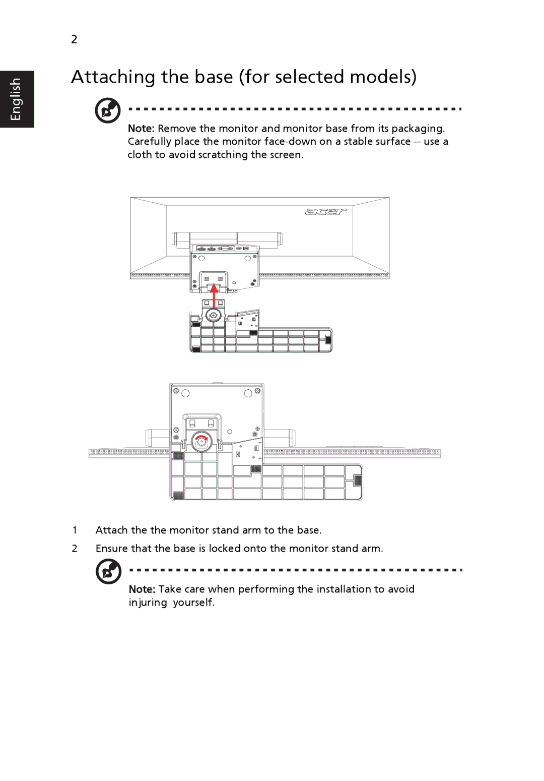 Acer S243HL manual Attaching the base for selected models 