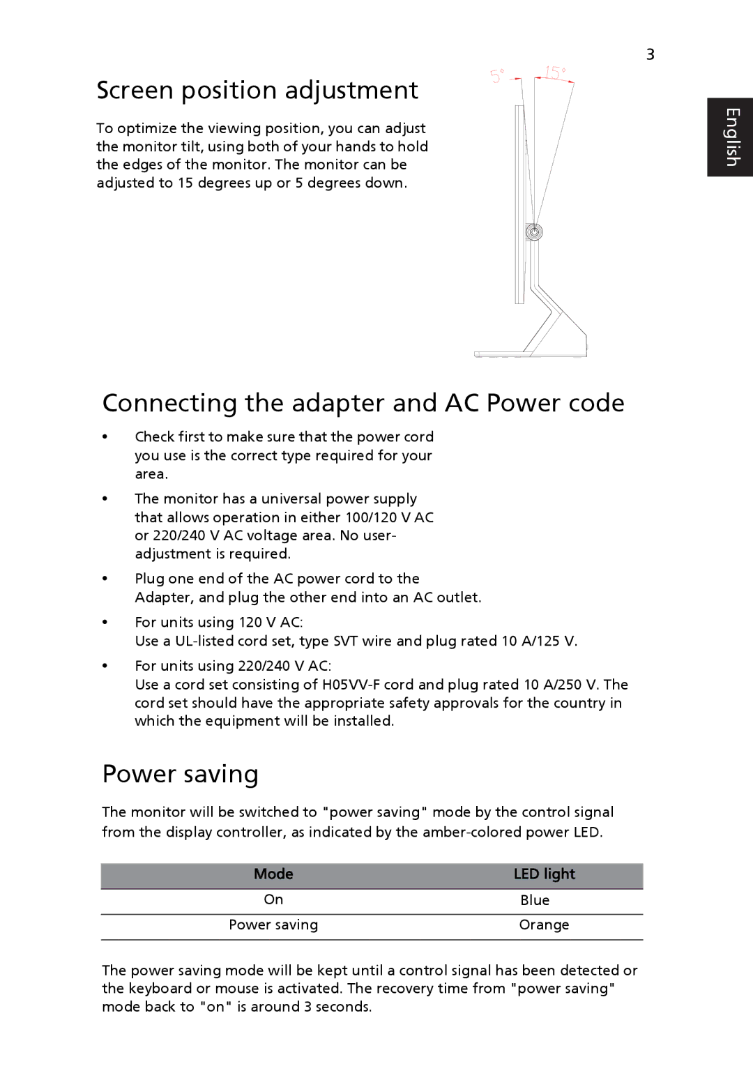 Acer S243HL manual Screen position adjustment, Connecting the adapter and AC Power code, Power saving 