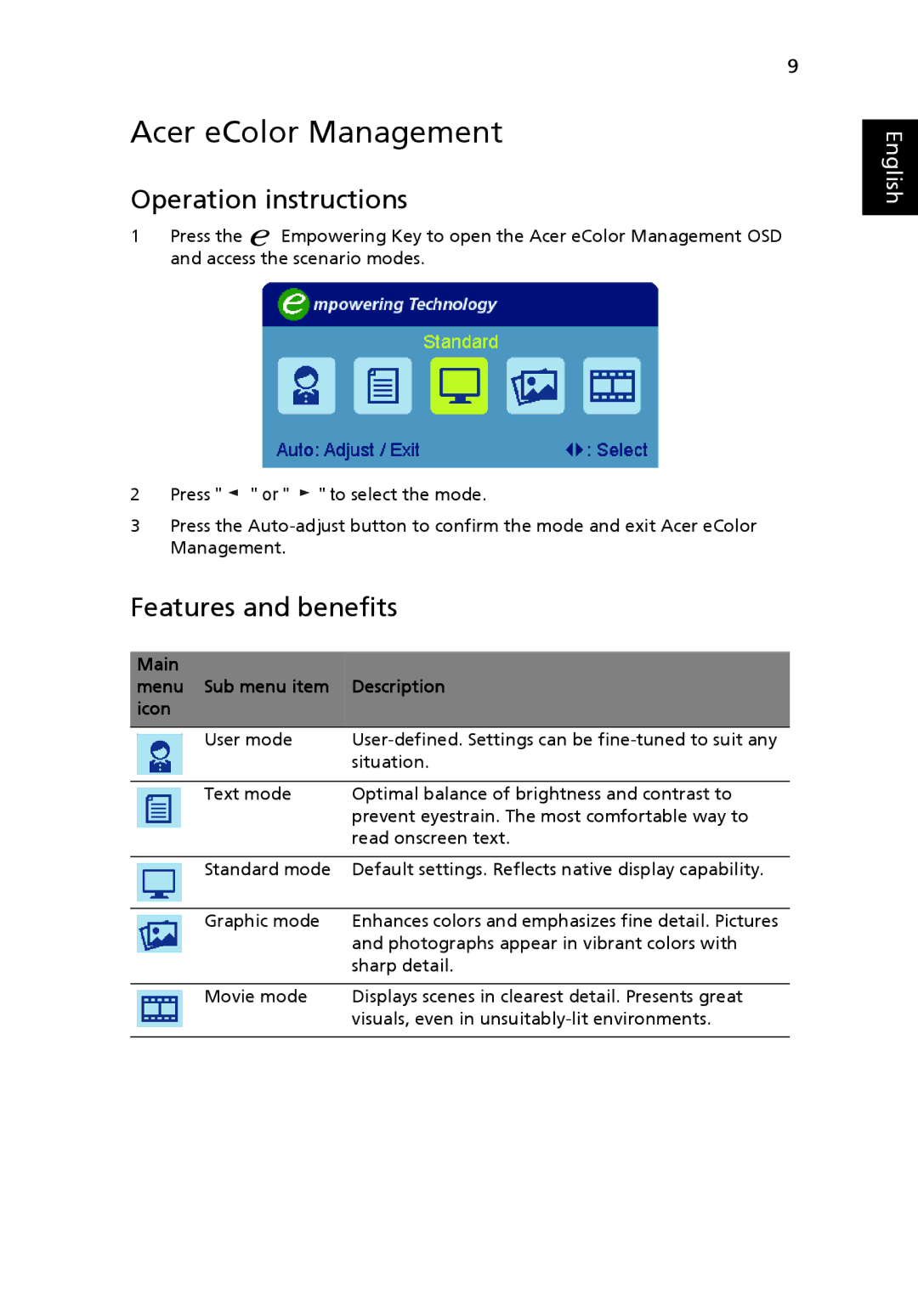 Acer S243HL manual Acer eColor Management, Operation instructions, Features and benefits 