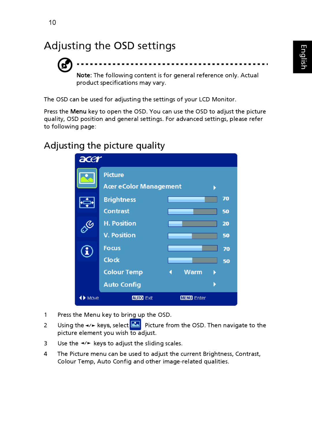 Acer S243HL manual Adjusting the OSD settings, Adjusting the picture quality 