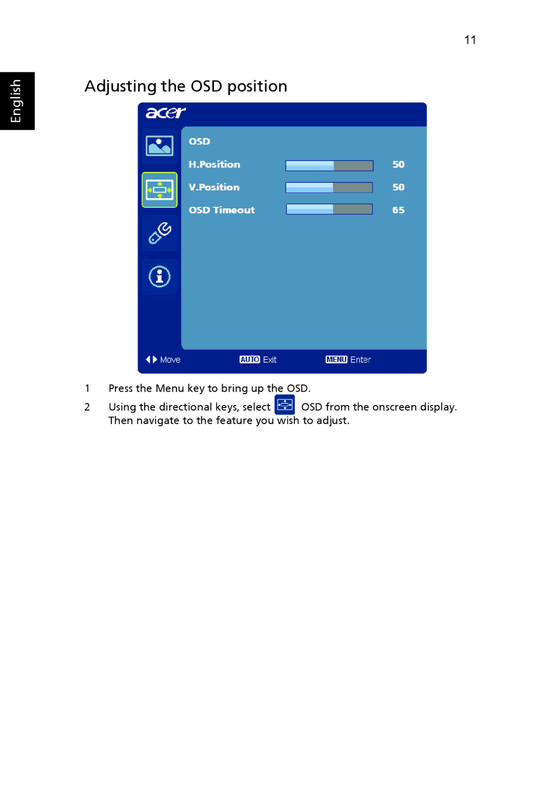 Acer S243HL manual Adjusting the OSD position 