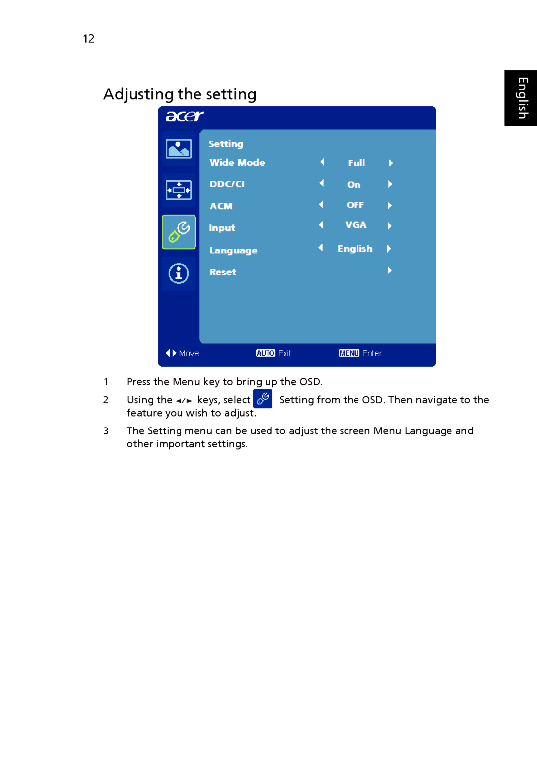 Acer S243HL manual Adjusting the setting 