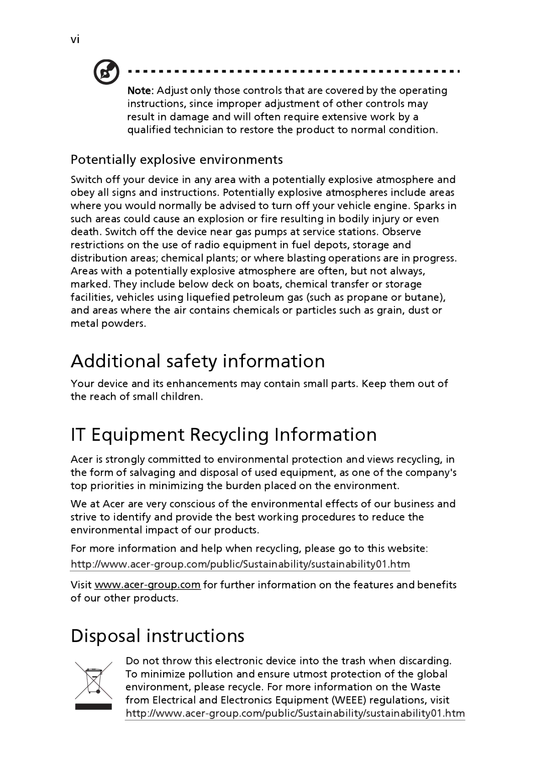 Acer S243HL manual Additional safety information, IT Equipment Recycling Information, Disposal instructions 