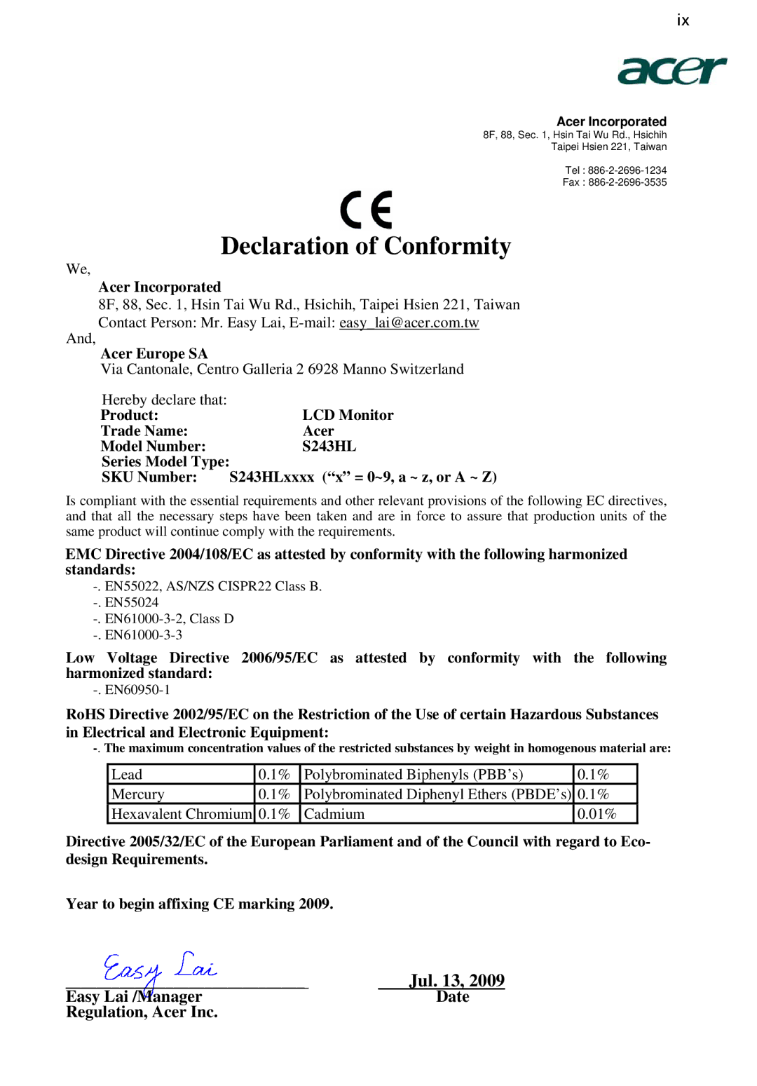 Acer S243HL manual Declaration of Conformity 