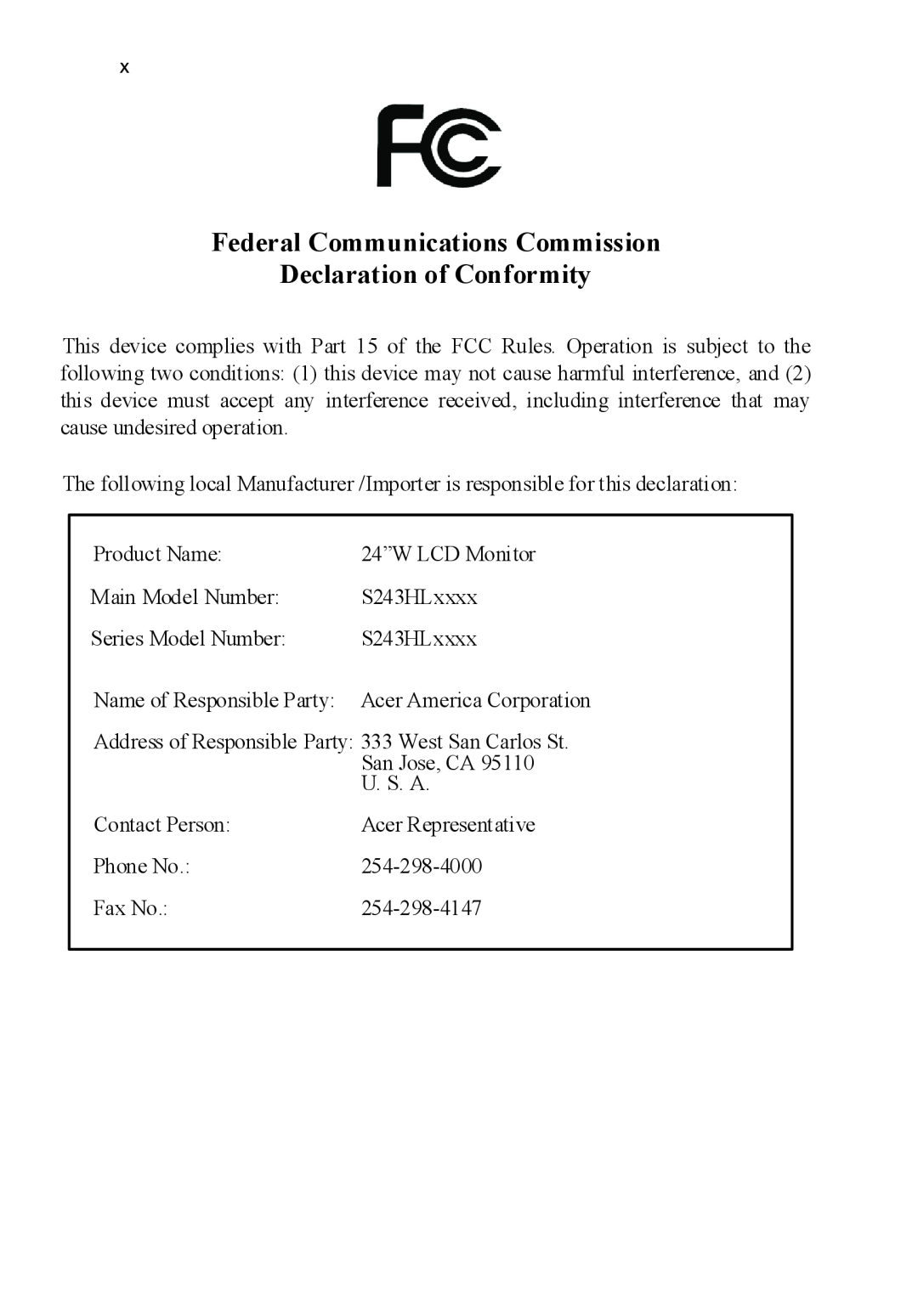 Acer S243HL manual Federal Communications Commission Declaration of Conformity 