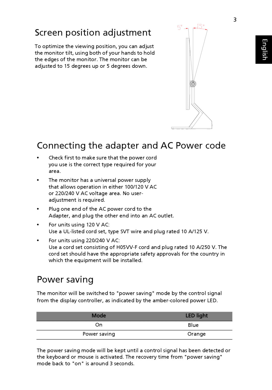 Acer S243HL manual Screen position adjustment, Connecting the adapter and AC Power code, Power saving, English 