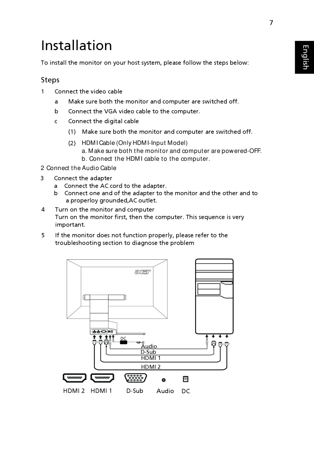 Acer S243HL manual Installation, Steps, English 