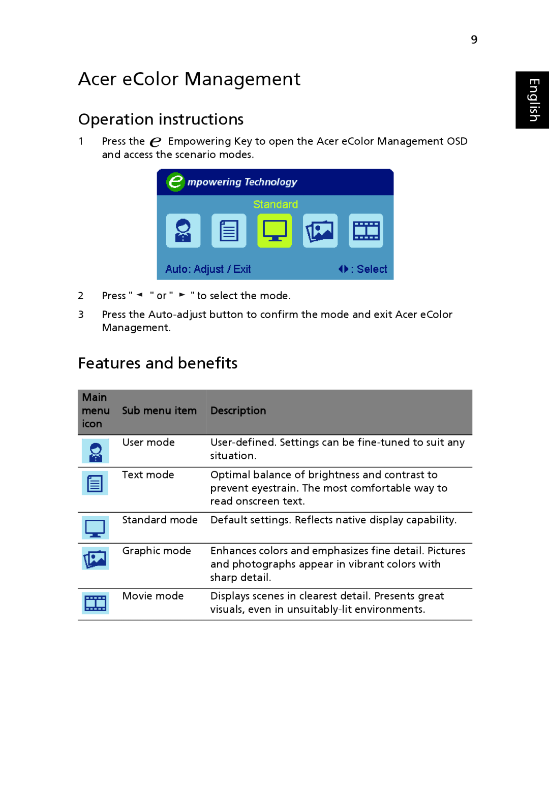 Acer S243HL manual Acer eColor Management, Operation instructions, Features and benefits, English 