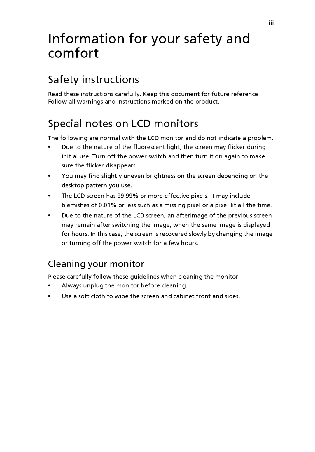 Acer S243HL manual Information for your safety and comfort, Safety instructions, Special notes on LCD monitors 