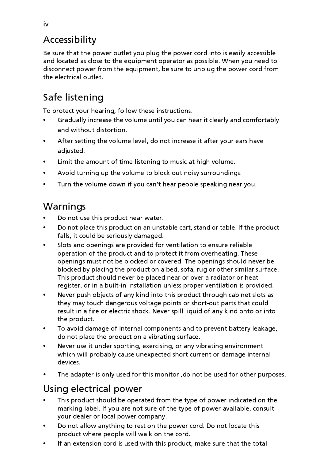 Acer S243HL manual Accessibility, Safe listening, Warnings, Using electrical power 